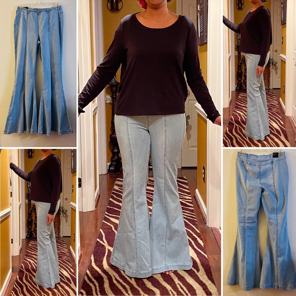 Elastic Waist Flared Bell Bottom Denim Jeans